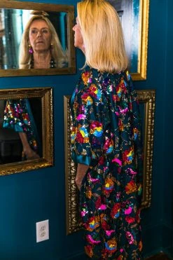 Fringe Co Sequin Duster Jackets Bright Floral Sequin And Teal Satin Duster