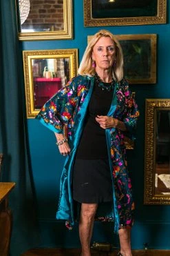 Fringe Co Sequin Duster Jackets Bright Floral Sequin And Teal Satin Duster