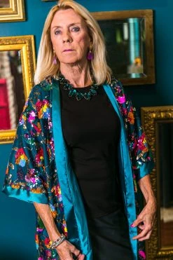 Fringe Co Sequin Duster Jackets Bright Floral Sequin And Teal Satin Duster
