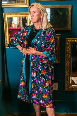 Fringe Co Sequin Duster Jackets Bright Floral Sequin And Teal Satin Duster