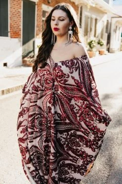 Fringe Co Burgundy Sequin Embroidered Long Caftan