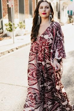 Fringe Co Burgundy Sequin Embroidered Long Caftan