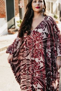 Fringe Co Burgundy Sequin Embroidered Long Caftan