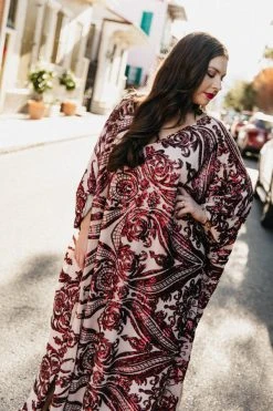 Fringe Co Burgundy Sequin Embroidered Long Caftan