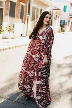 Fringe Co Burgundy Sequin Embroidered Long Caftan