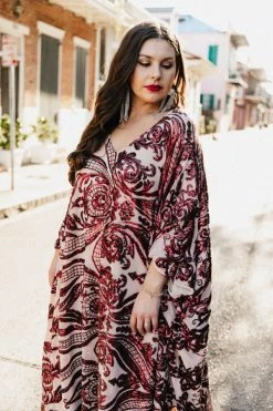 Fringe Co Burgundy Sequin Embroidered Long Caftan