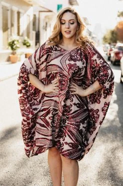 Fringe Co Burgundy Sequin Embroidered Short Caftan
