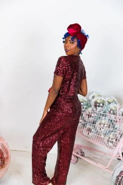 Fringe Co Burgundy High Waisted Sequin Pants Sequin Collection