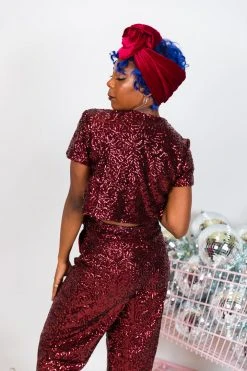 Fringe Co Burgundy High Waisted Sequin Pants Sequin Collection