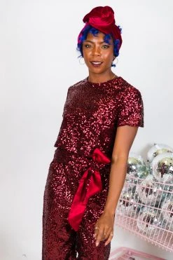 Fringe Co Burgundy High Waisted Sequin Pants Sequin Collection