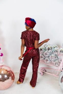 Fringe Co Burgundy High Waisted Sequin Pants Sequin Collection