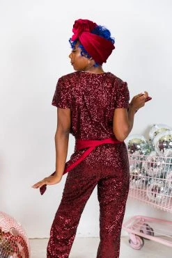 Fringe Co Burgundy High Waisted Sequin Pants Sequin Collection