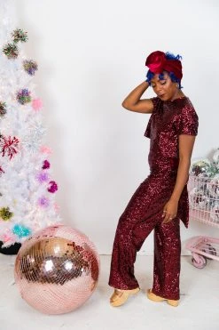 Fringe Co Burgundy High Waisted Sequin Pants Sequin Collection