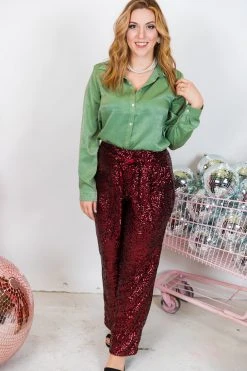 Fringe Co Burgundy High Waisted Sequin Pants Sequin Collection