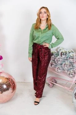 Fringe Co Burgundy High Waisted Sequin Pants Sequin Collection