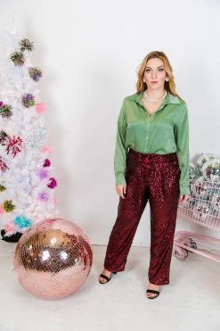 Fringe Co Burgundy High Waisted Sequin Pants Sequin Collection