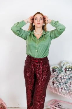 Fringe Co Burgundy High Waisted Sequin Pants Sequin Collection
