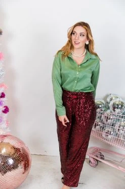Fringe Co Burgundy High Waisted Sequin Pants Sequin Collection