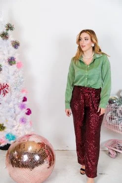 Fringe Co Burgundy High Waisted Sequin Pants Sequin Collection