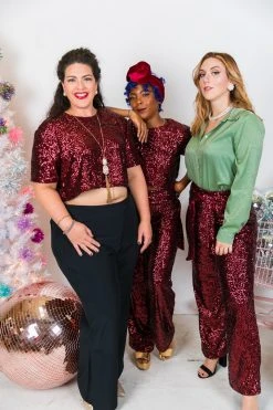 Fringe Co Burgundy High Waisted Sequin Pants Sequin Collection