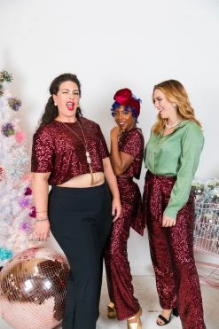 Fringe Co Burgundy High Waisted Sequin Pants Sequin Collection
