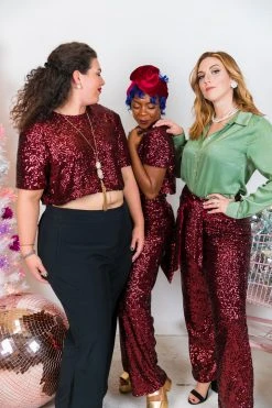 Fringe Co Burgundy High Waisted Sequin Pants Sequin Collection