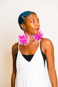 Fringe Co Pink And White Pom Pom Earrings