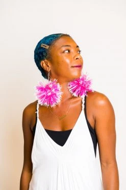 Fringe Co Pink And White Pom Pom Earrings