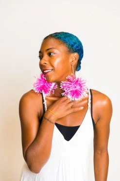 Fringe Co Pink And White Pom Pom Earrings