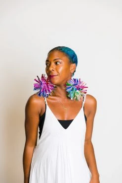Fringe Co Rainbow Sparkle Pom Pom Earrings
