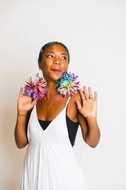 Fringe Co Rainbow Sparkle Pom Pom Earrings