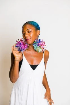 Fringe Co Rainbow Sparkle Pom Pom Earrings