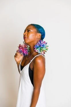 Fringe Co Rainbow Sparkle Pom Pom Earrings