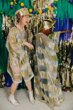 Fringe Co Gold Sequin Stripe Sheer Short Caftan Caftan Club Collection