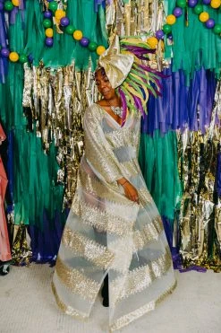 Fringe Co Gold Sequin Stripe Sheer Long Caftan