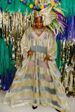 Fringe Co Gold Sequin Stripe Sheer Long Caftan