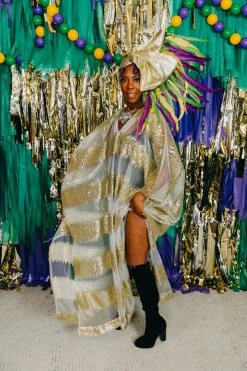 Fringe Co Gold Sequin Stripe Sheer Long Caftan