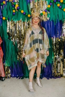 Fringe Co Gold Sequin Stripe Sheer Short Caftan Caftan Club Collection