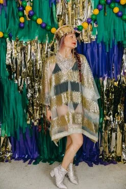Fringe Co Gold Sequin Stripe Sheer Short Caftan Caftan Club Collection