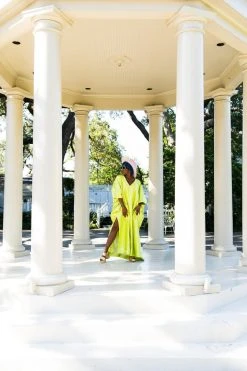 Fringe Co Chartreuse Satin Accordion Long Caftan