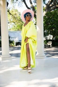Fringe Co Chartreuse Satin Accordion Long Caftan