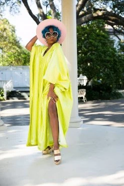 Fringe Co Chartreuse Satin Accordion Long Caftan