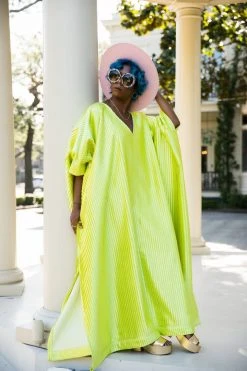 Fringe Co Chartreuse Satin Accordion Long Caftan