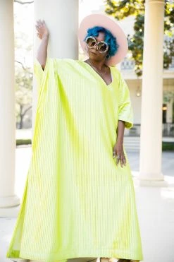 Fringe Co Chartreuse Satin Accordion Long Caftan