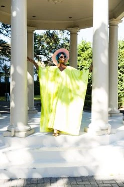 Fringe Co Chartreuse Satin Accordion Long Caftan