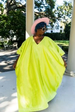 Fringe Co Chartreuse Satin Accordion Long Caftan