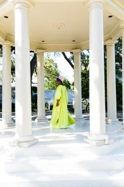 Fringe Co Chartreuse Satin Accordion Long Caftan