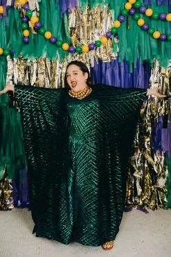 Fringe Co Caftan Club Collection Green Iridescent Sequin Embroidered Long Caftan