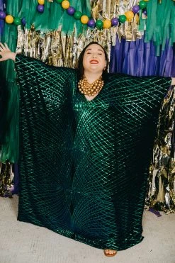Fringe Co Caftan Club Collection Green Iridescent Sequin Embroidered Long Caftan