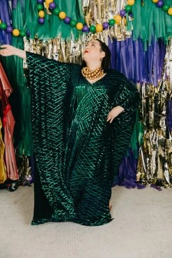 Fringe Co Caftan Club Collection Green Iridescent Sequin Embroidered Long Caftan